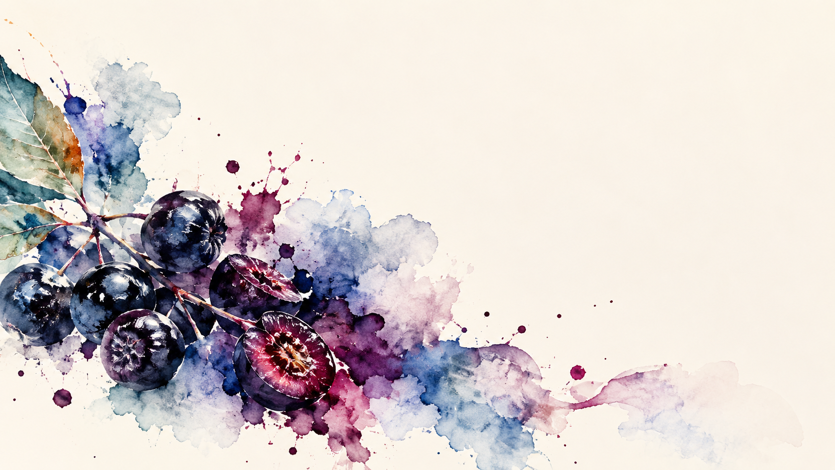 Aronia berries and leaves in indigo and aubergine watercolor, dissolving into translucent washes on warm paper