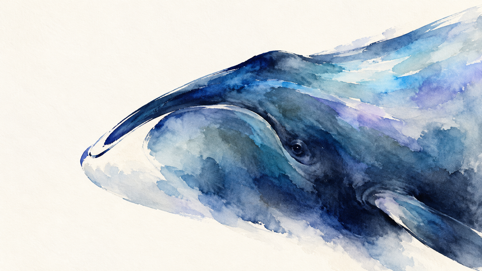 Bowhead whale in layered indigo, blue-gray and lavender watercolor, with its head and eye emerging from warm paper