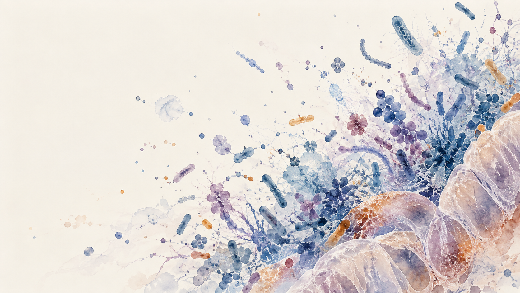 Watercolor microbial communities with varied rods, spheres and chains near a softly rendered host tissue surface