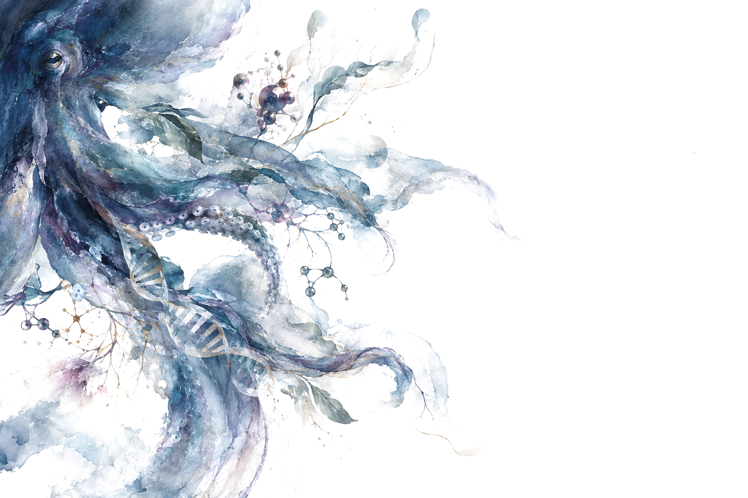 Watercolor octopus whose tentacles turn into a DNA helix, leaves and molecular structures